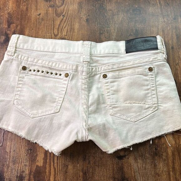 Affliction VIKKI white shredded cut off denim jean shorts gold sequin Sz 30 Y2K - Picture 6 of 10